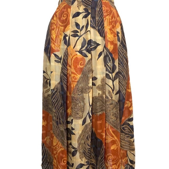 014 Libra Midi Skirt Pleated Vintage Lined Brown Orange Beige Mix Floral UK 12 - Picture 13 of 14